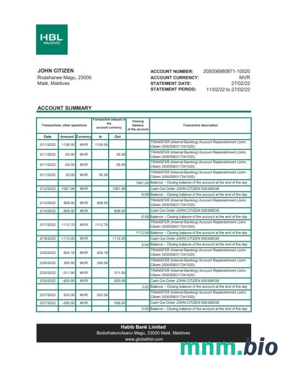Malediwy HBL wyciąg bankowy Excel i szablon PDF